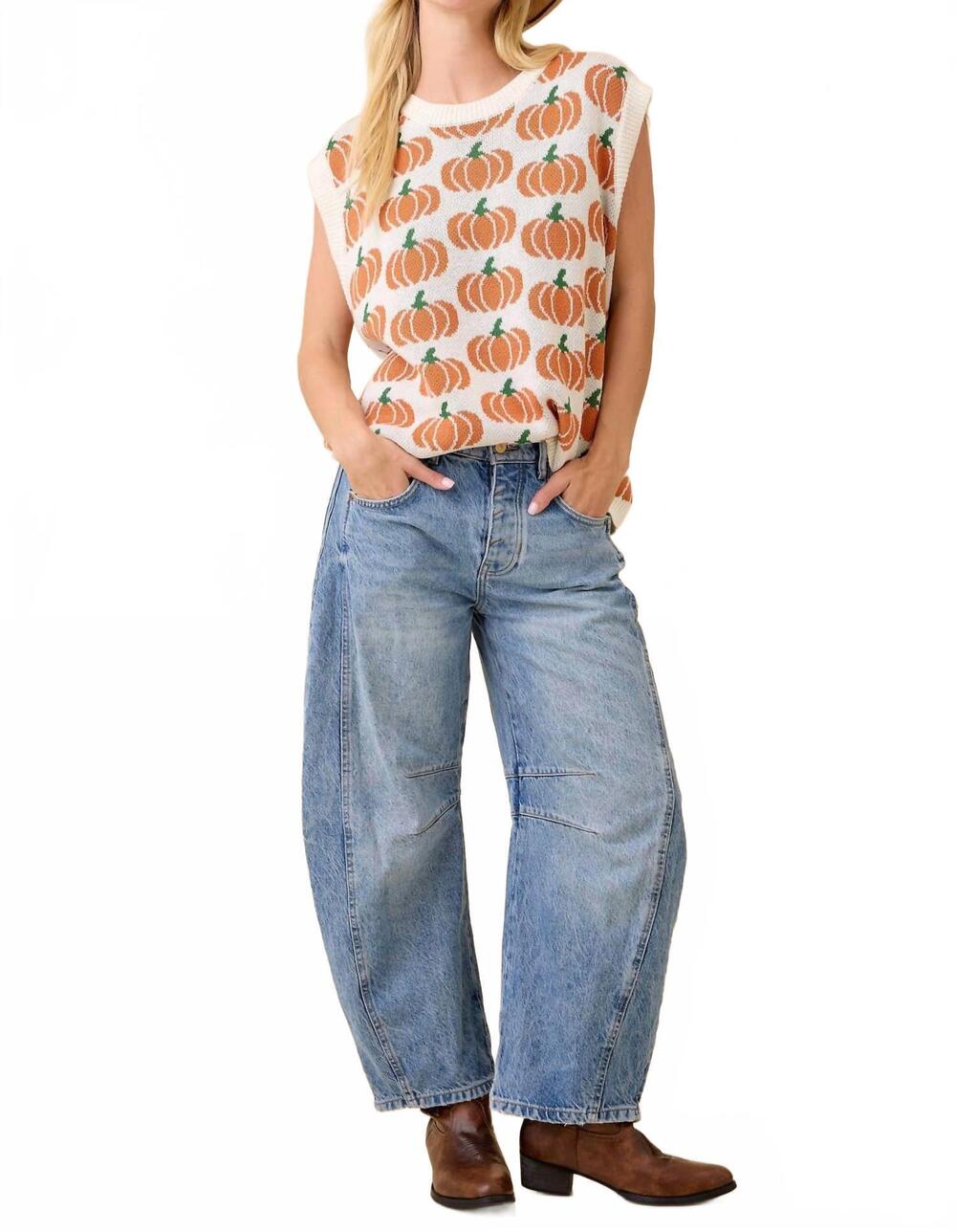NEW MAIN STRIP pumpkin print sleeveless sweater knit top in ivory/orange - Picture 7 of 7